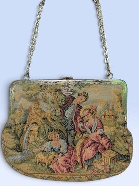 VTG Tapestry Purse Pastoral Courting Couple Handbag Made in Hong Kong Pristine